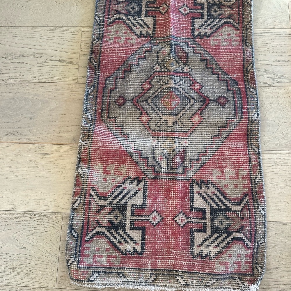 Vintage light red and tan Turkish throw Rug
